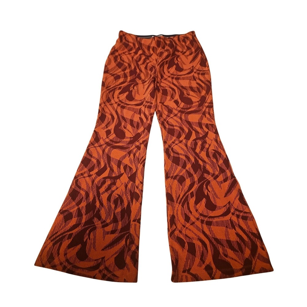 Anthropologie Orange Burgundy Abstract Swirl Flare Wide Leg Knit Pants Large